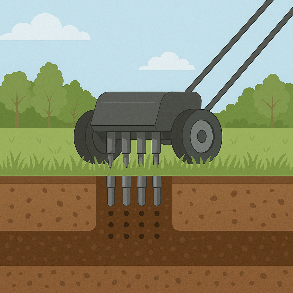 Professional Aeration Services For Utah Homes Aeration machine creating holes in a Utah lawn for root health