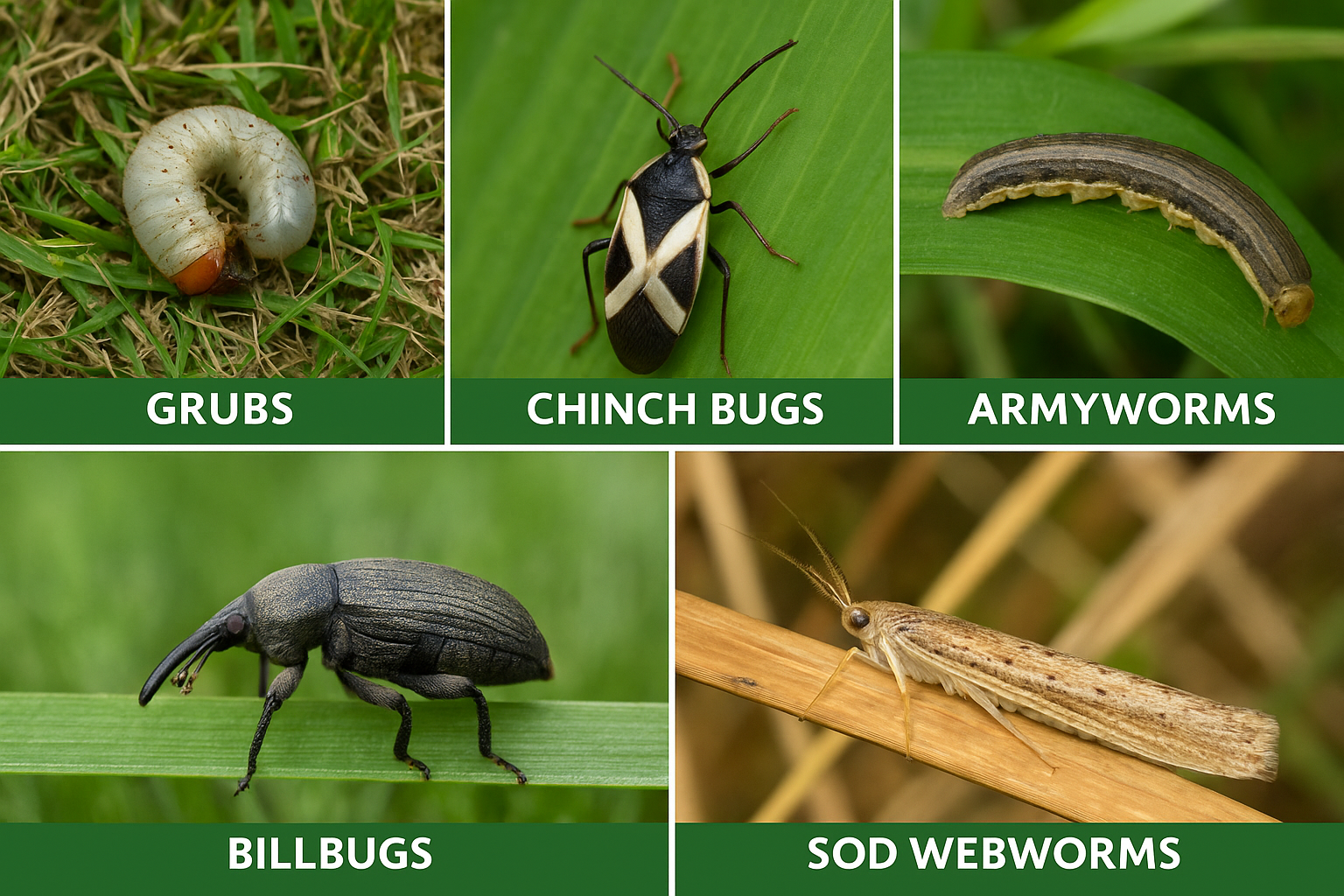 Lawn Insect Control &Amp; Lawn Pest Services In Ogden, Utah Icons showing grubs, chinch bugs, armyworms, billbugs, and sod webworms