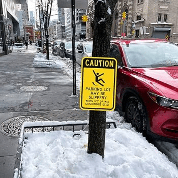 Commercial Snow Removal Services For Retail Centers &Amp; Malls Warning sign on icy retail parking lot showing slip hazard.