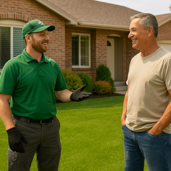 Lawn care technician speaking with homeowner on trimmed lawn in Utah